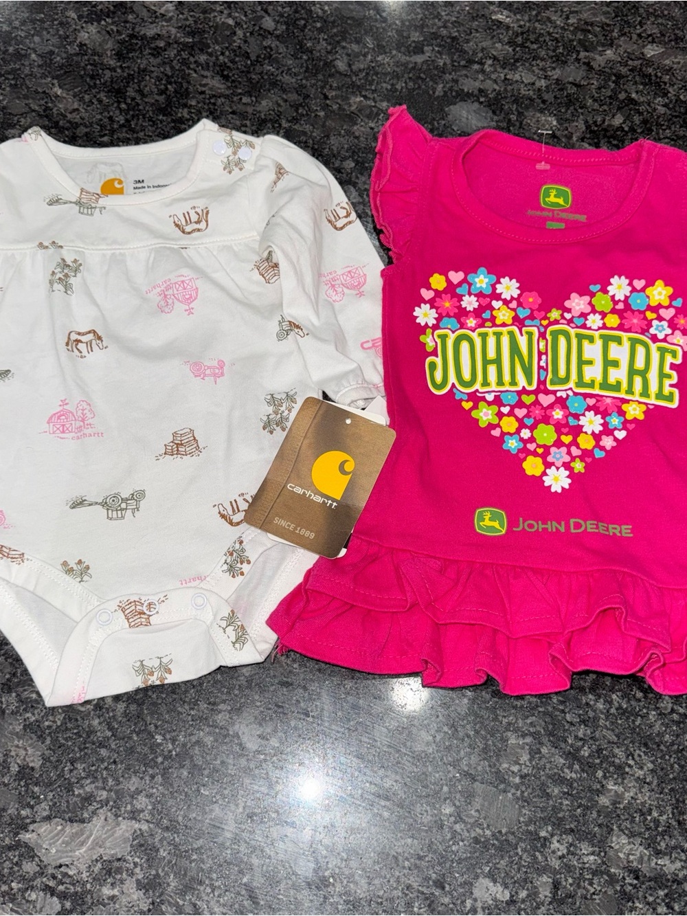 John Deere Pink Heart top & White Carhartt Onesie Bundle